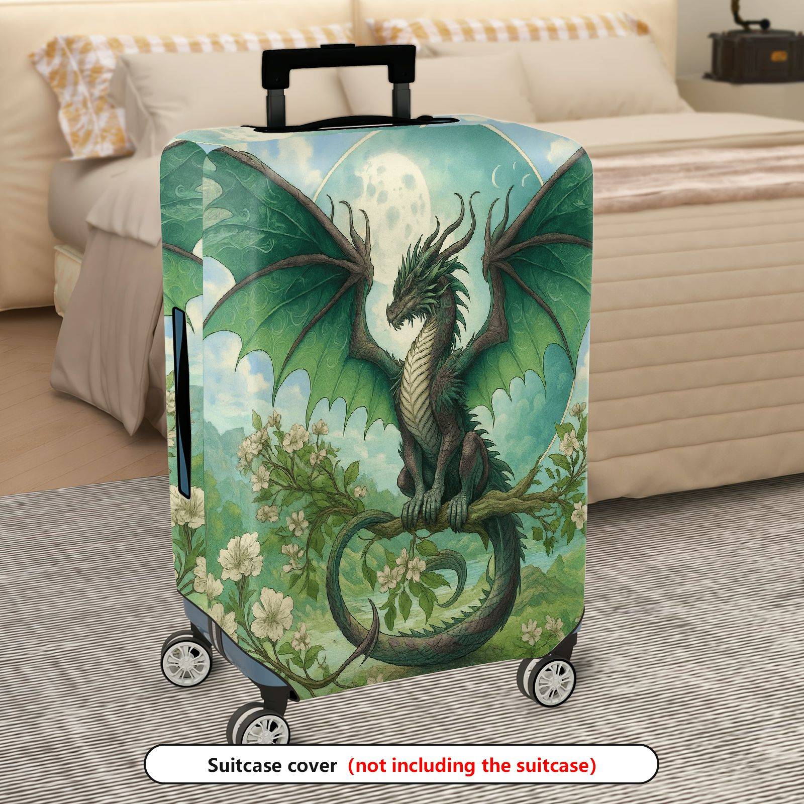 1-Piece Dragon Moon Fantasy Art Green Nature Travel  Suitcase Luggage Cover, Stretch Protective Sleeve