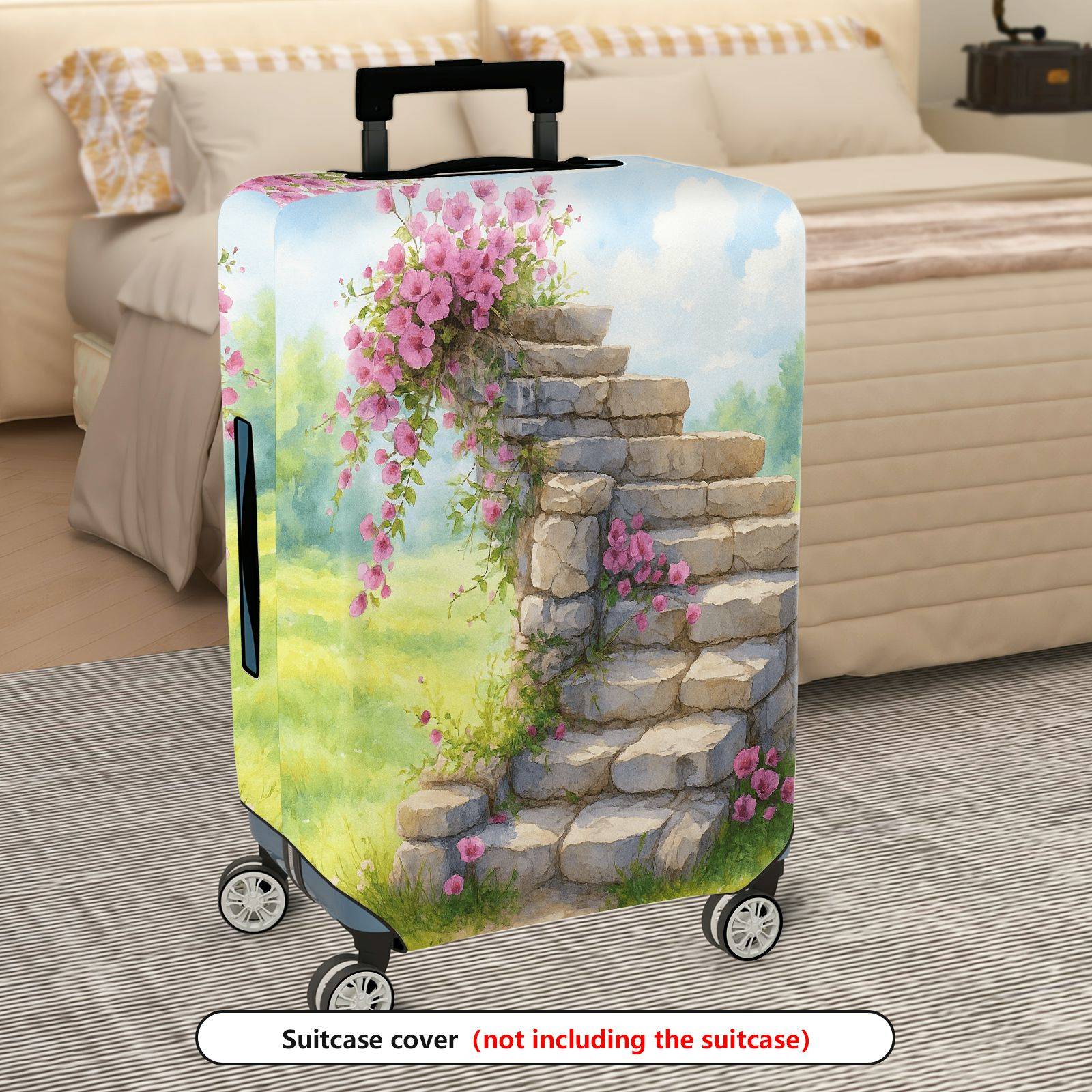 1-Piece Stair Stone Flower Pink Nature Scenery  Suitcase Luggage Cover, Stretch Protective Sleeve