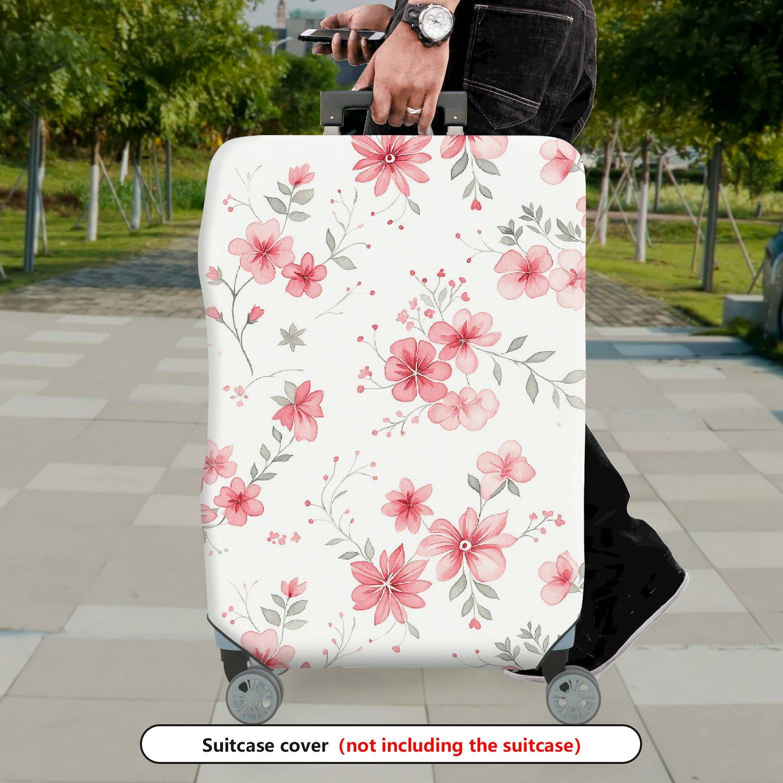 1-Piece Floral Pattern Pink Flower Nature Leaf Botanical Art  Suitcase Luggage Cover, Stretch Protective Sleeve