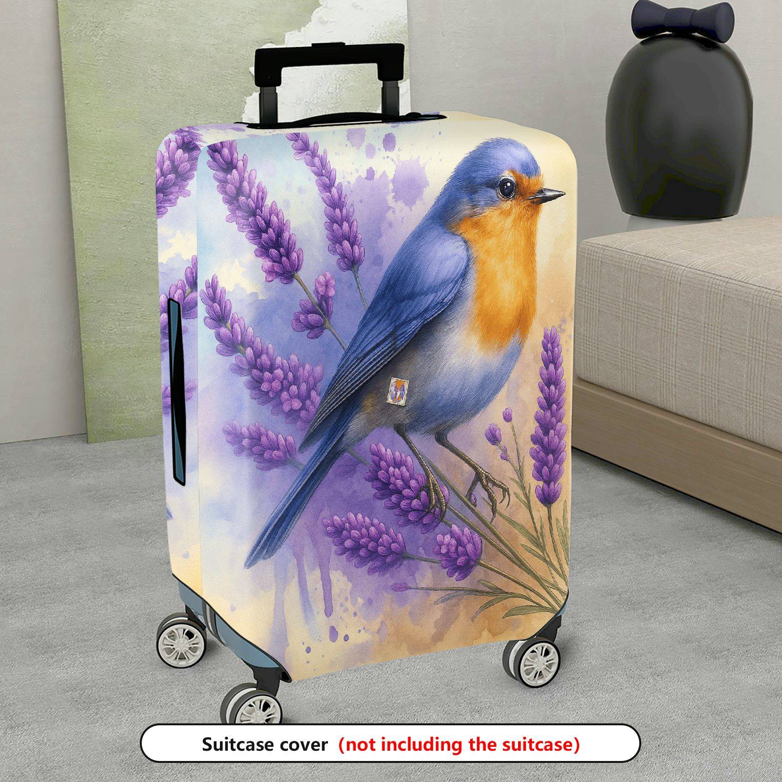 1-Piece Lavender Blue Bird Floral Watercolor Artistic  Suitcase Luggage Cover, Stretch Protective Sleeve