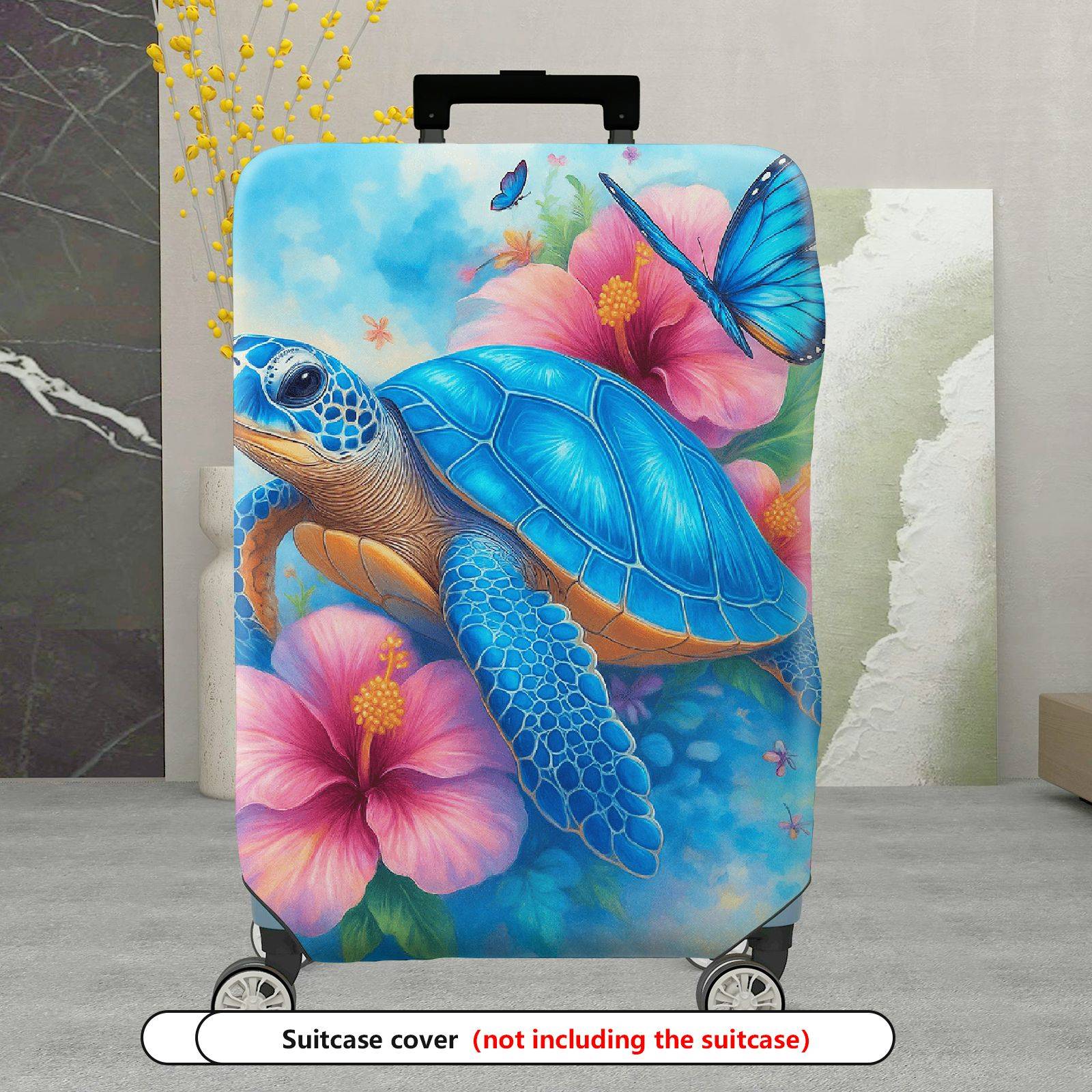 1-Piece Sea Turtle Hibiscus Flower Butterfly Ocean Blue  Suitcase Luggage Cover, Stretch Protective Sleeve