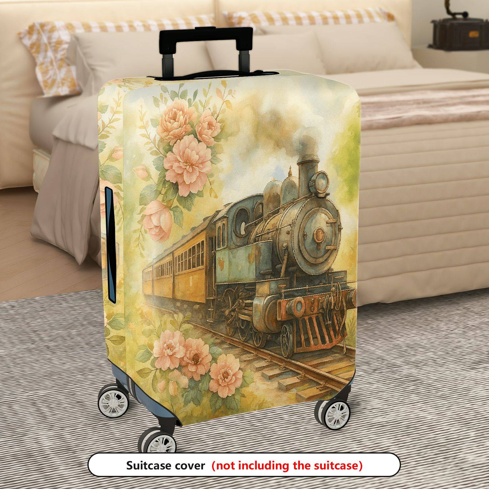 1-Piece Vintage Floral Train Painting Nature Retro Artistic  Suitcase Luggage Cover, Stretch Protective Sleeve