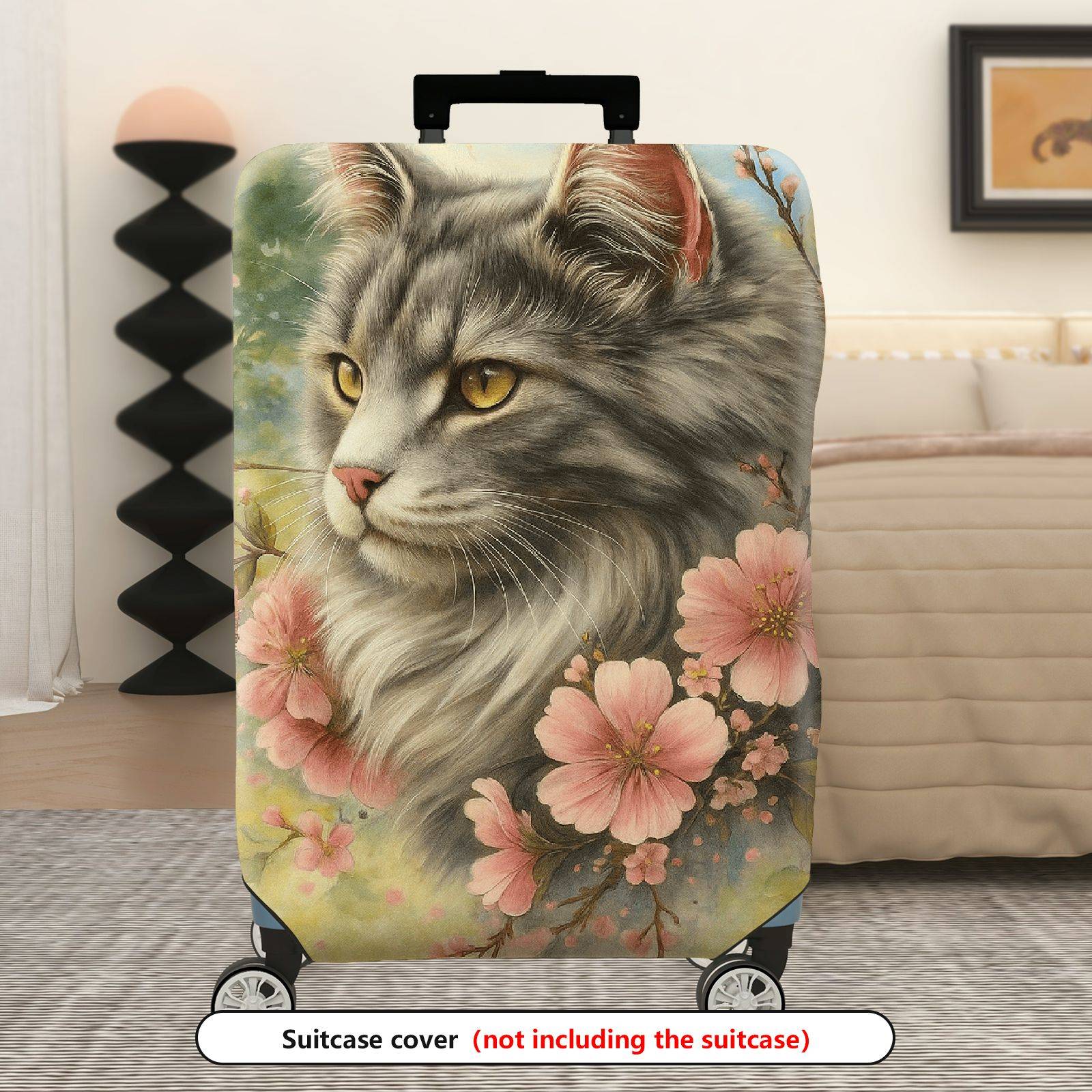 1-Piece Floral Cat Art Pastel Spring Nature  Suitcase Luggage Cover, Stretch Protective Sleeve
