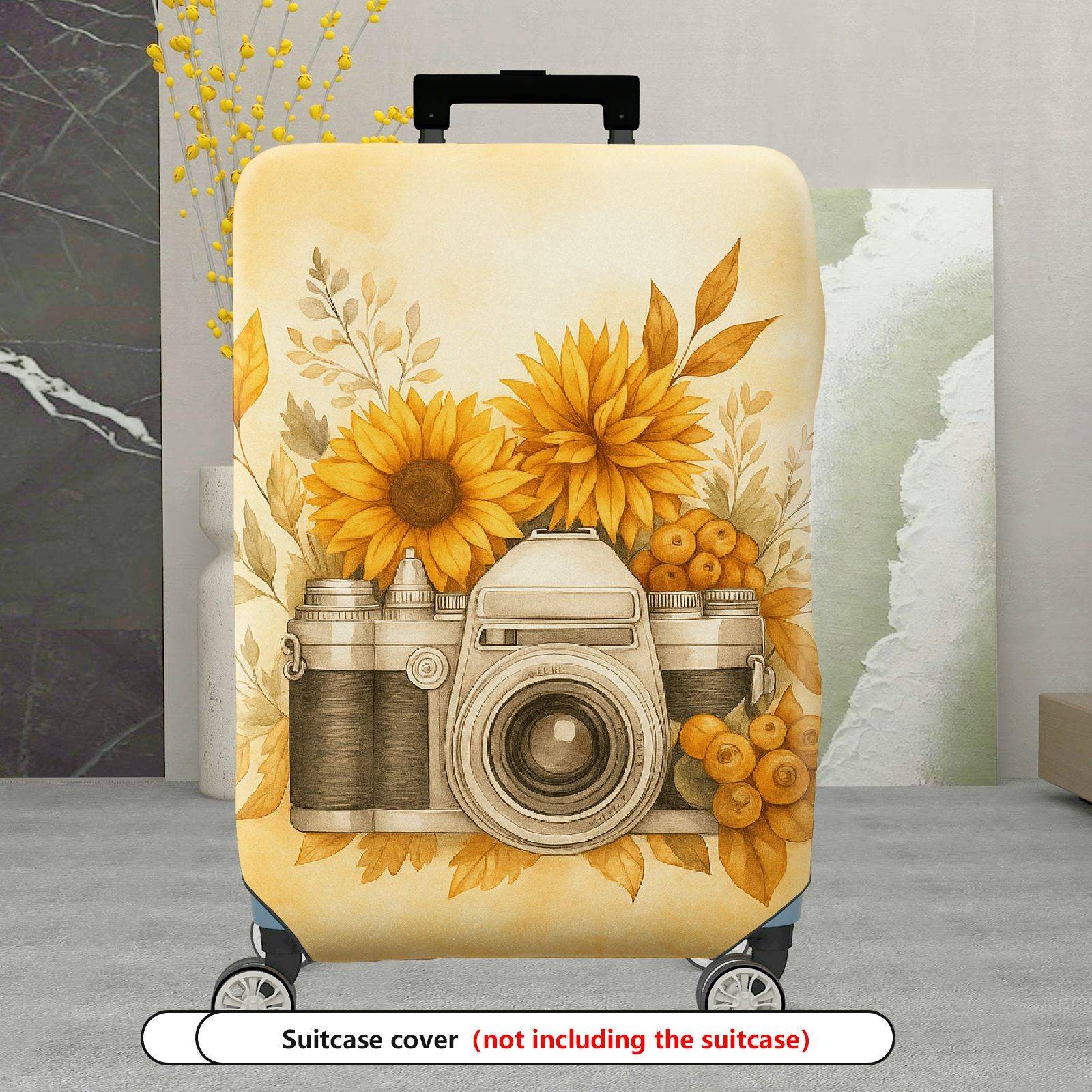 1-Piece Sunflower Camera Autumn Floral Vintage Yellow  Suitcase Luggage Cover, Stretch Protective Sleeve