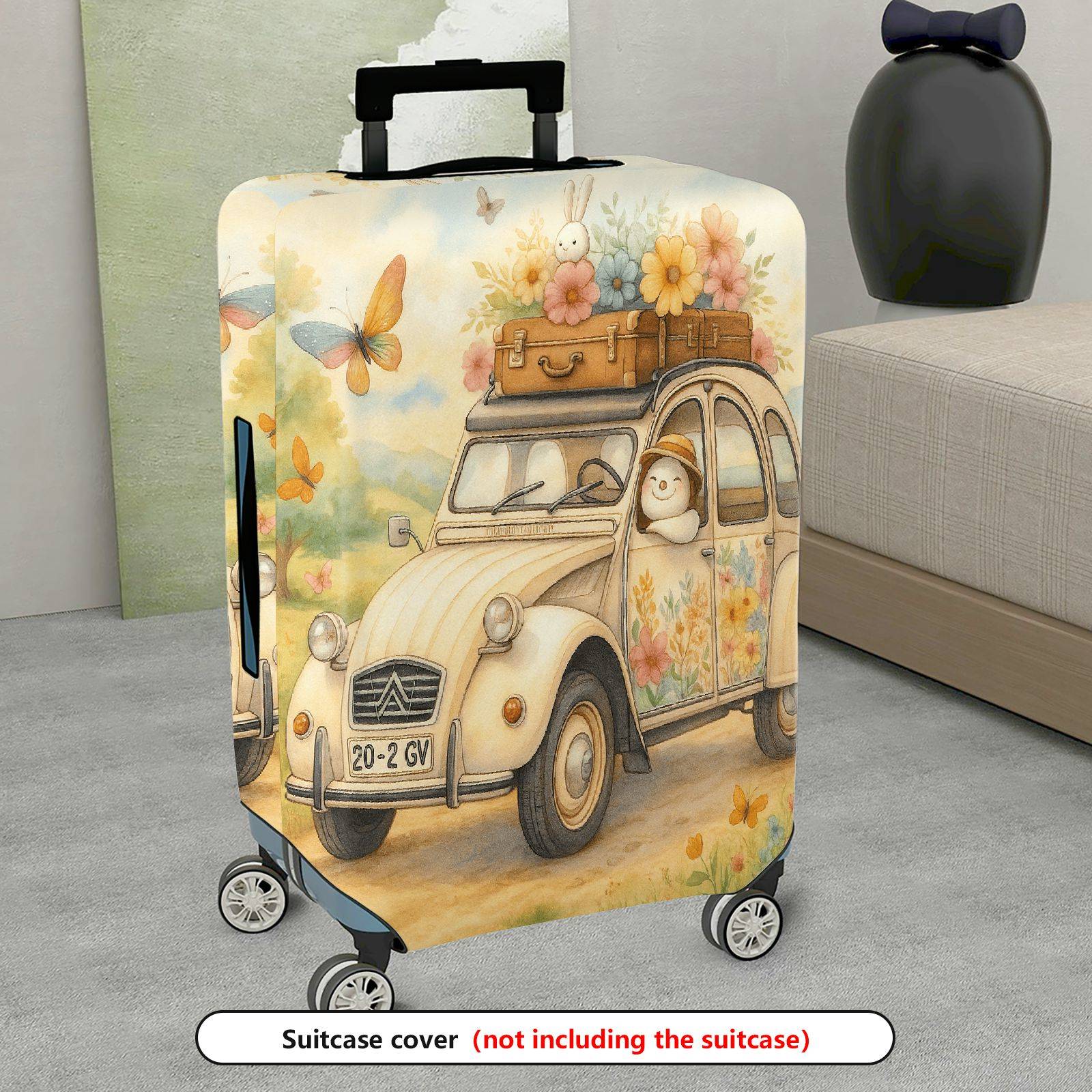 1-Piece Pastoral Flowers Vintage Car Animal  Suitcase Luggage Cover, Stretch Protective Sleeve