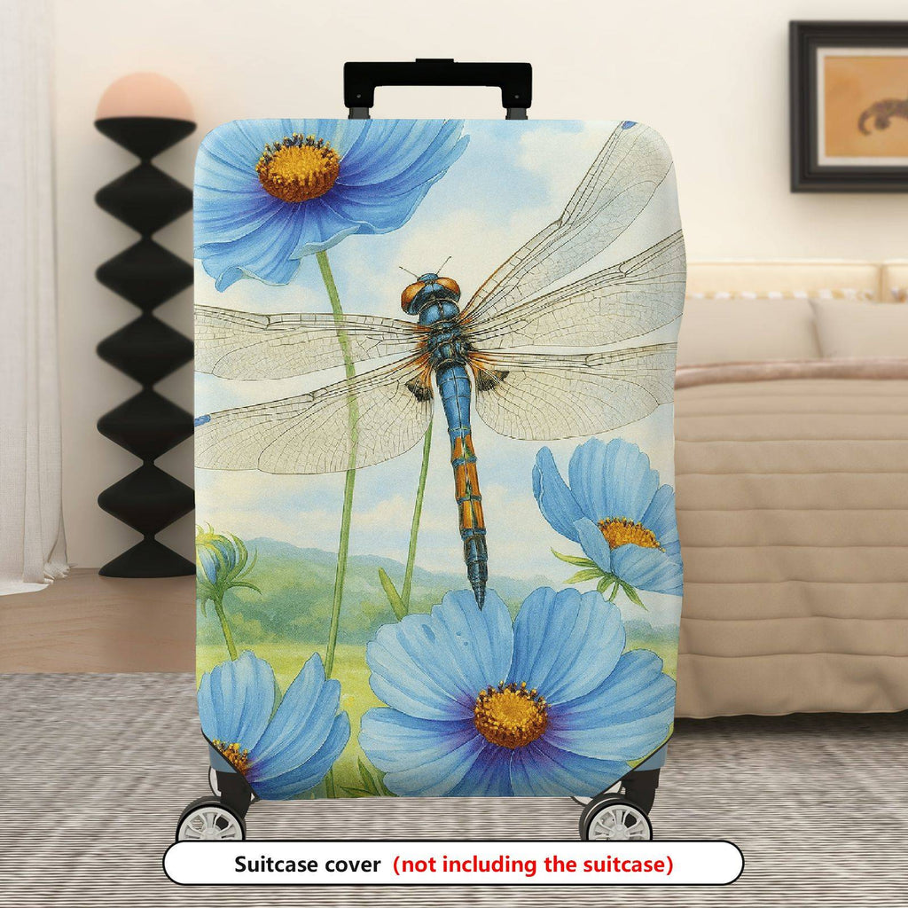 1-Piece Dragonfly Blue Flower Watercolor Nature Artistic  Suitcase Luggage Cover, Stretch Protective Sleeve