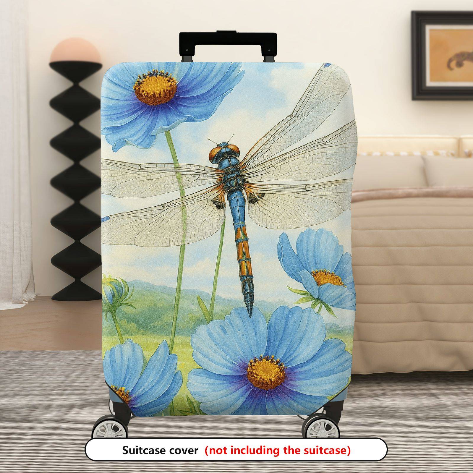 1-Piece Dragonfly Blue Flower Watercolor Nature Artistic  Suitcase Luggage Cover, Stretch Protective Sleeve