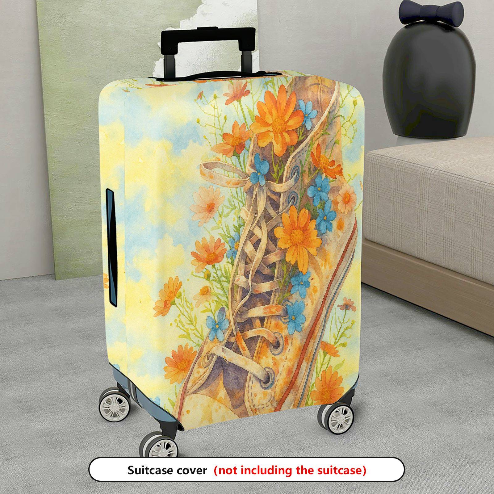 1-Piece Floral Shoe Blue Orange Yellow Artistic Vintage Creative  Suitcase Luggage Cover, Stretch Protective Sleeve
