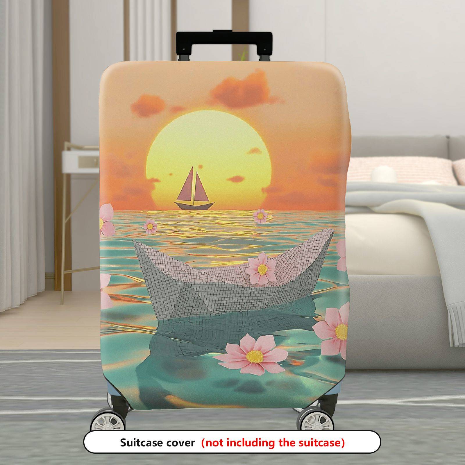 1-Piece Sunset Beach Paper Boat Cherry Blossom Flower  Suitcase Luggage Cover, Stretch Protective Sleeve