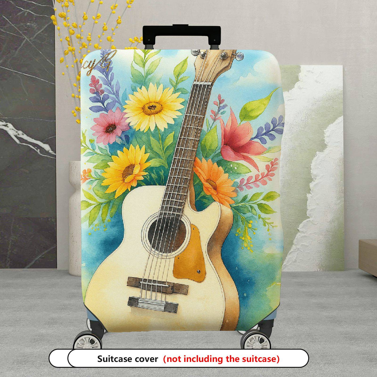1-Piece Colorful Floral Guitar Artistic Musical Nature Travel  Suitcase Luggage Cover, Stretch Protective Sleeve