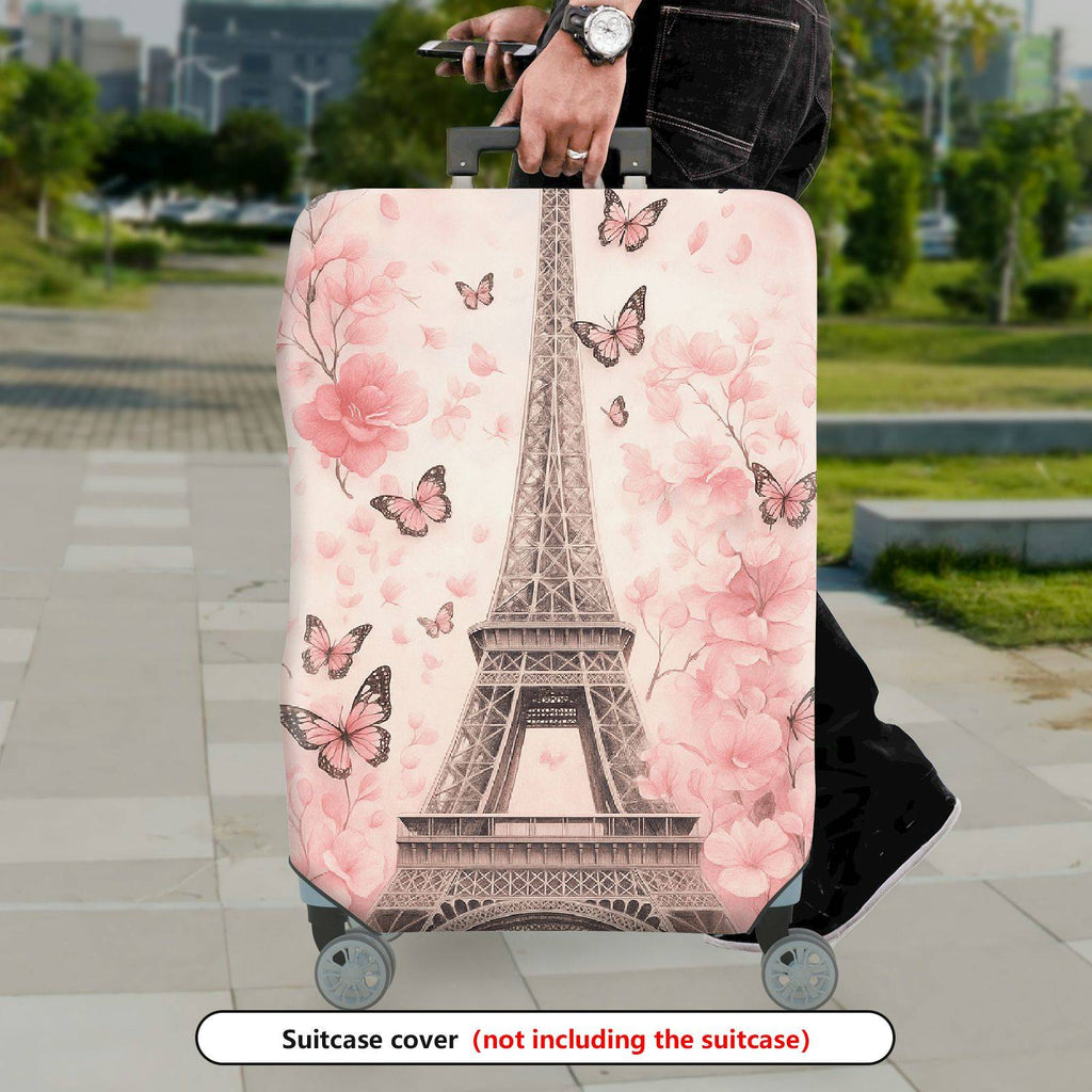 1-Piece Eiffel Tower Butterfly Flower Pink Romantic Paris  Suitcase Luggage Cover, Stretch Protective Sleeve