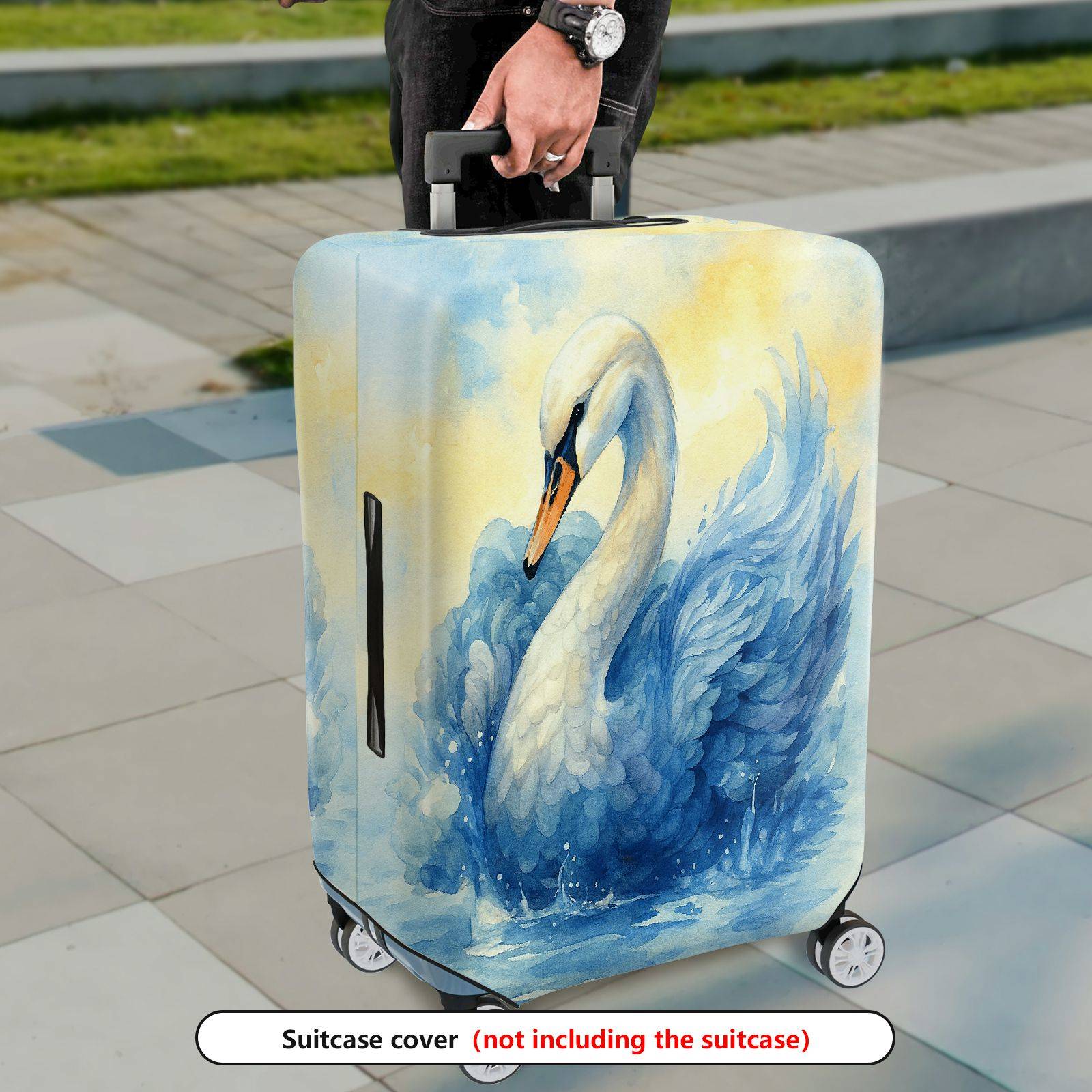 1-Piece Elegant Swan Watercolor Artistic Blue Pastoral  Suitcase Luggage Cover, Stretch Protective Sleeve