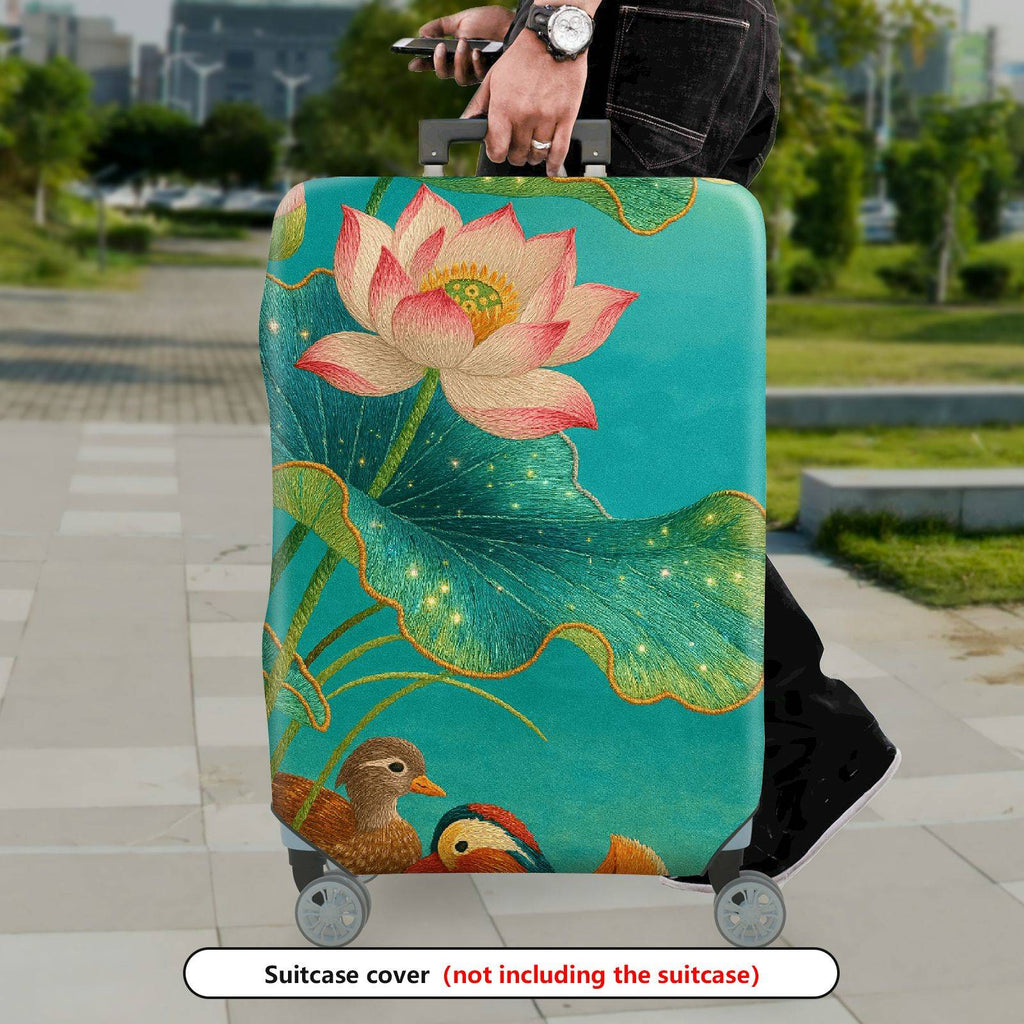 1-Piece Lotus Flower Pond Duck Illustration  Suitcase Luggage Cover, Stretch Protective Sleeve