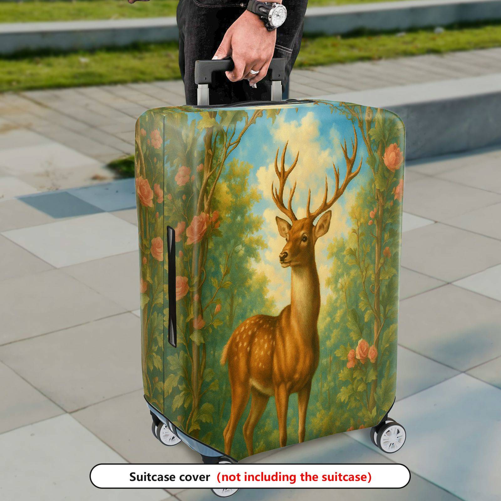 1-Piece Deer Flowers Forest Nature Scenic  Suitcase Luggage Cover, Stretch Protective Sleeve