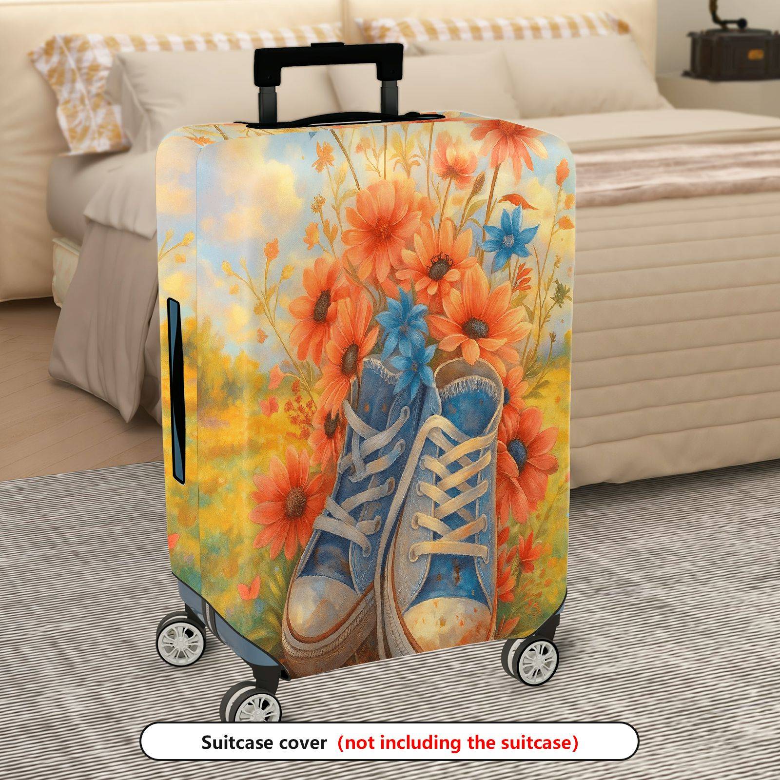 1-Piece Floral Retro Shoes Art Travel Luggage  Suitcase Luggage Cover, Stretch Protective Sleeve
