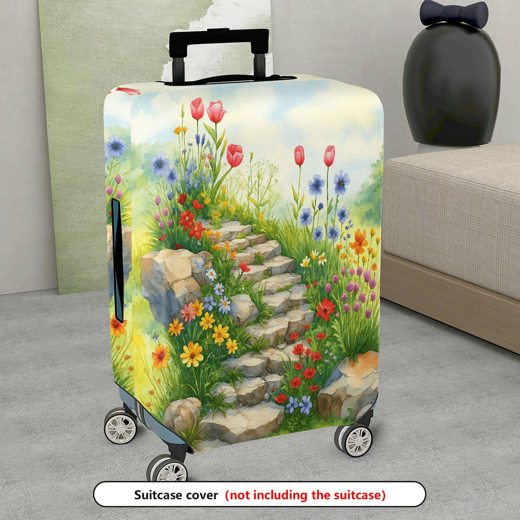 1-Piece Floral Garden Path Colorful Flowers Stone Staircase Scenic  Suitcase Luggage Cover, Stretch Protective Sleeve