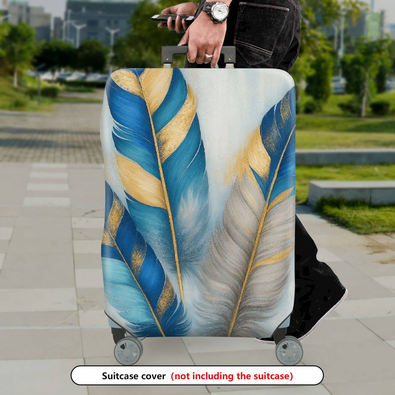 1-Piece Blue Beige Feather Golden Artistic Floral Abstract  Suitcase Luggage Cover, Stretch Protective Sleeve
