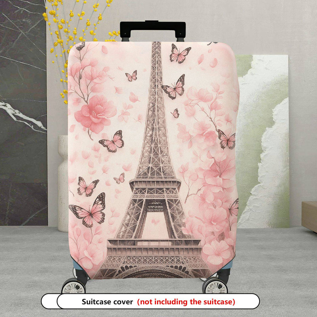 1-Piece Eiffel Tower Butterfly Flower Pink Romantic Paris  Suitcase Luggage Cover, Stretch Protective Sleeve