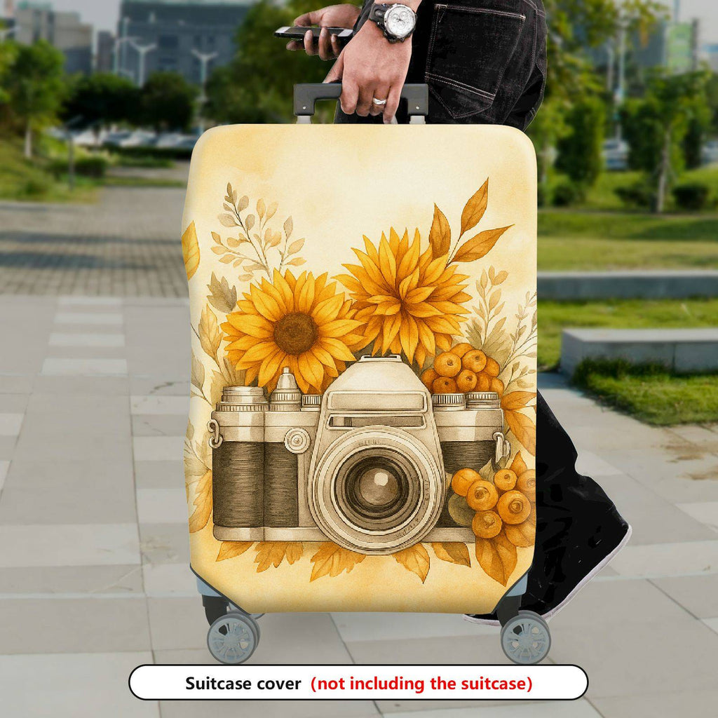 1-Piece Sunflower Camera Autumn Floral Vintage Yellow  Suitcase Luggage Cover, Stretch Protective Sleeve