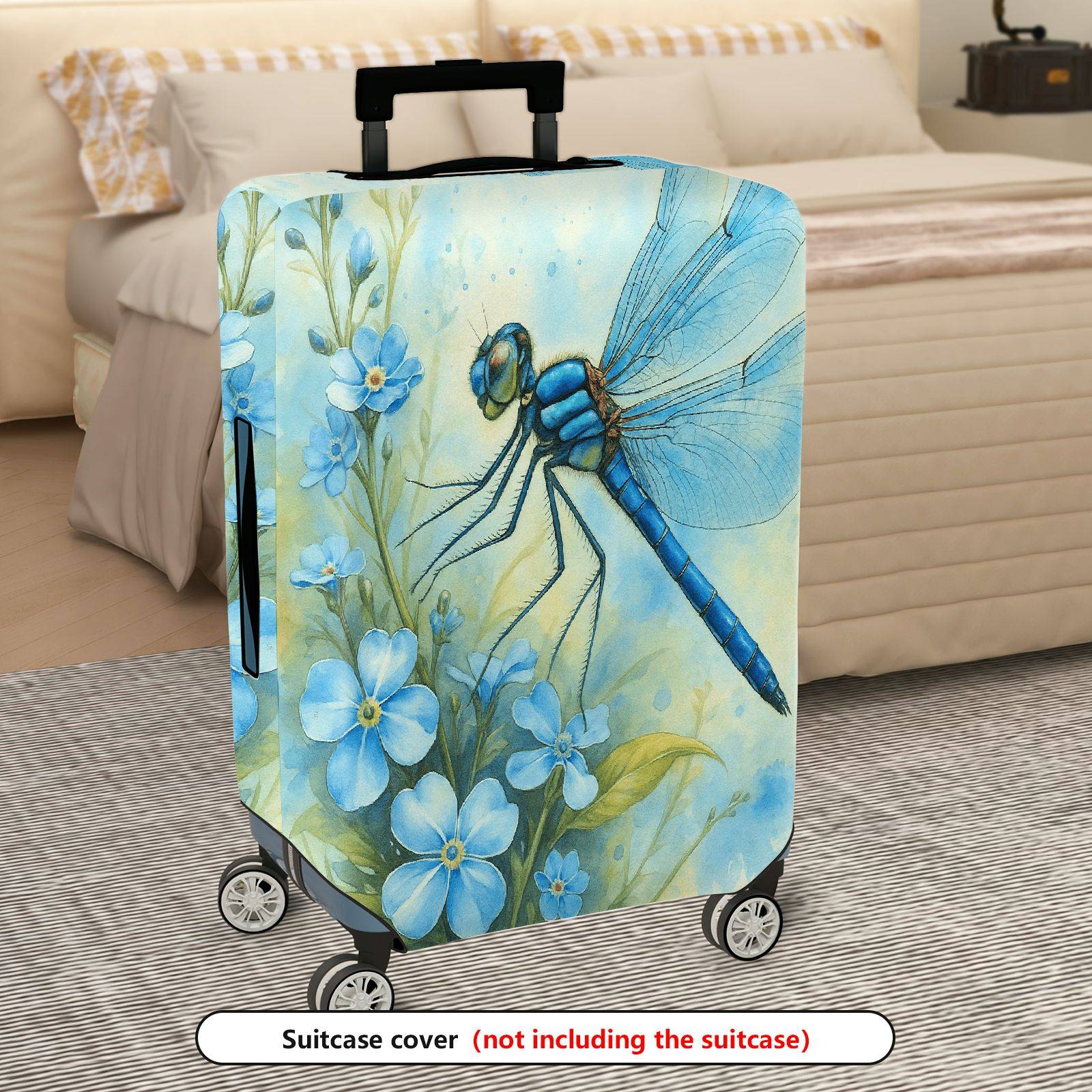 1-Piece Blue Dragonfly Floral Nature Art Travel  Suitcase Luggage Cover, Stretch Protective Sleeve