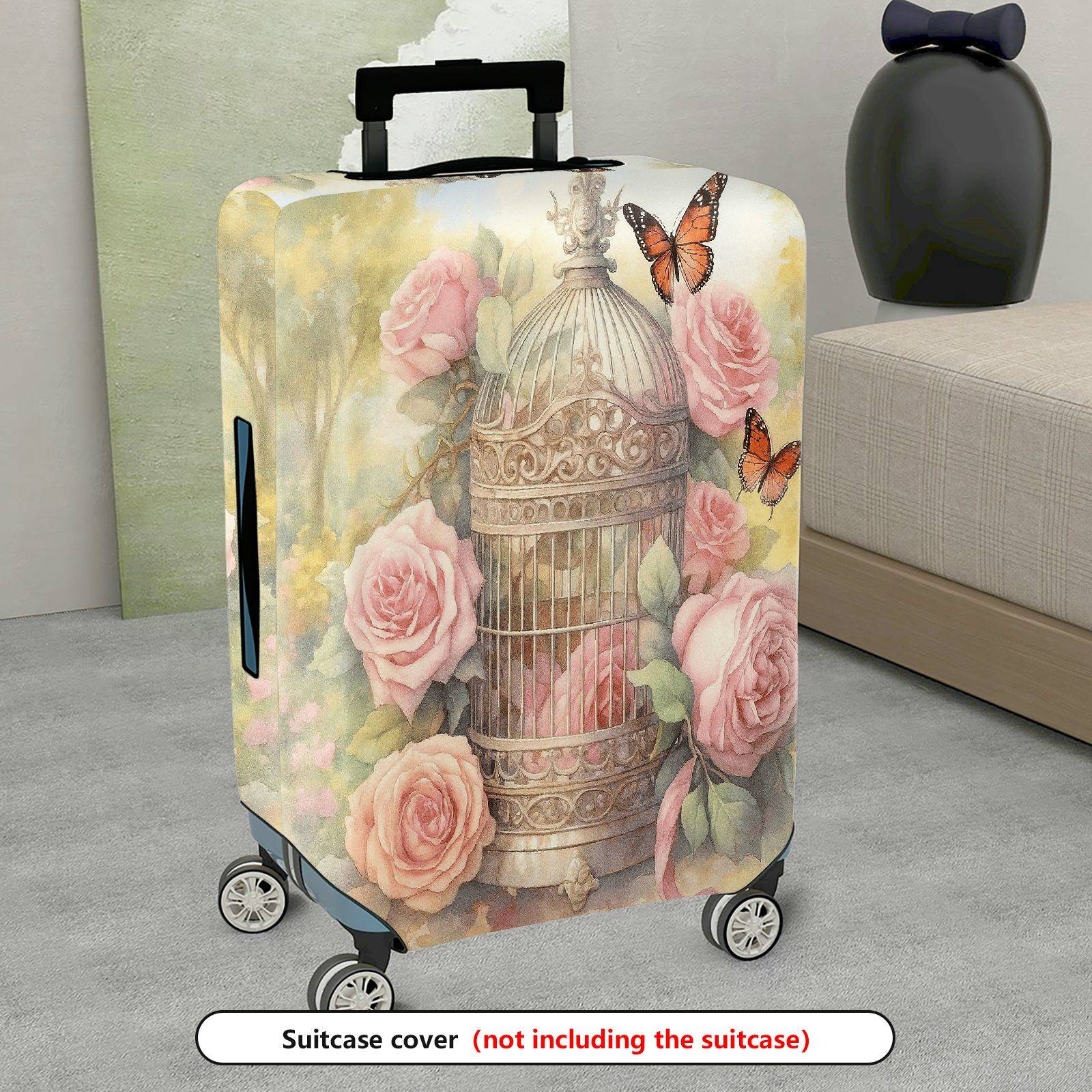 1-Piece Vintage Floral Butterfly Birdcage Nature Artistic  Suitcase Luggage Cover, Stretch Protective Sleeve
