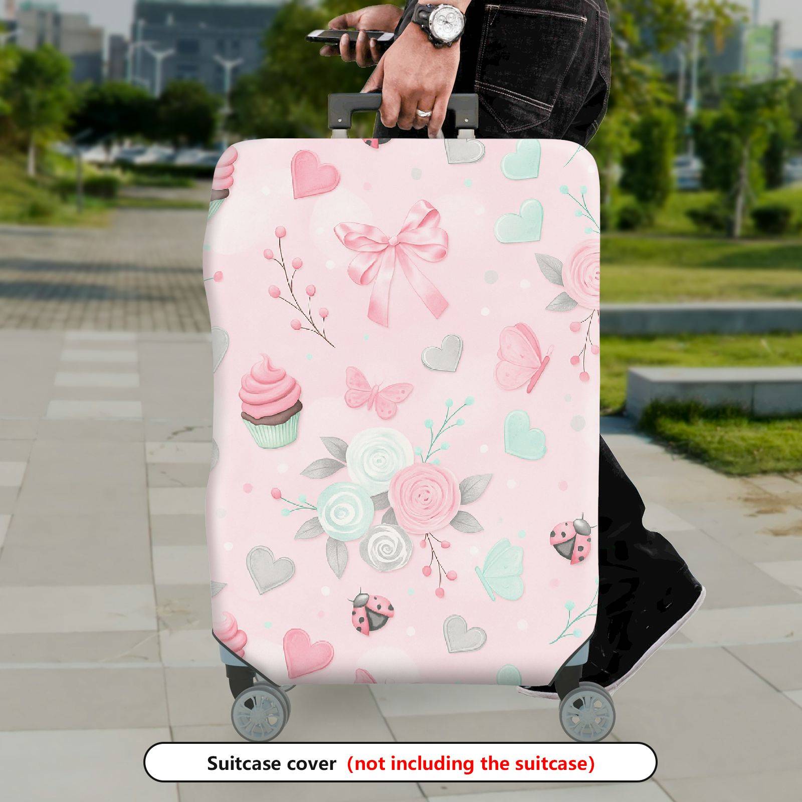 1-Piece Pink Ladybug Heart Butterfly Flower Bow  Suitcase Luggage Cover, Stretch Protective Sleeve