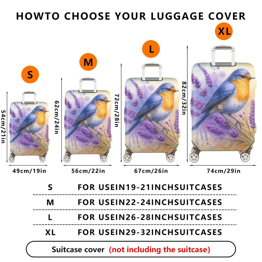 1-Piece Lavender Blue Bird Floral Watercolor Artistic  Suitcase Luggage Cover, Stretch Protective Sleeve