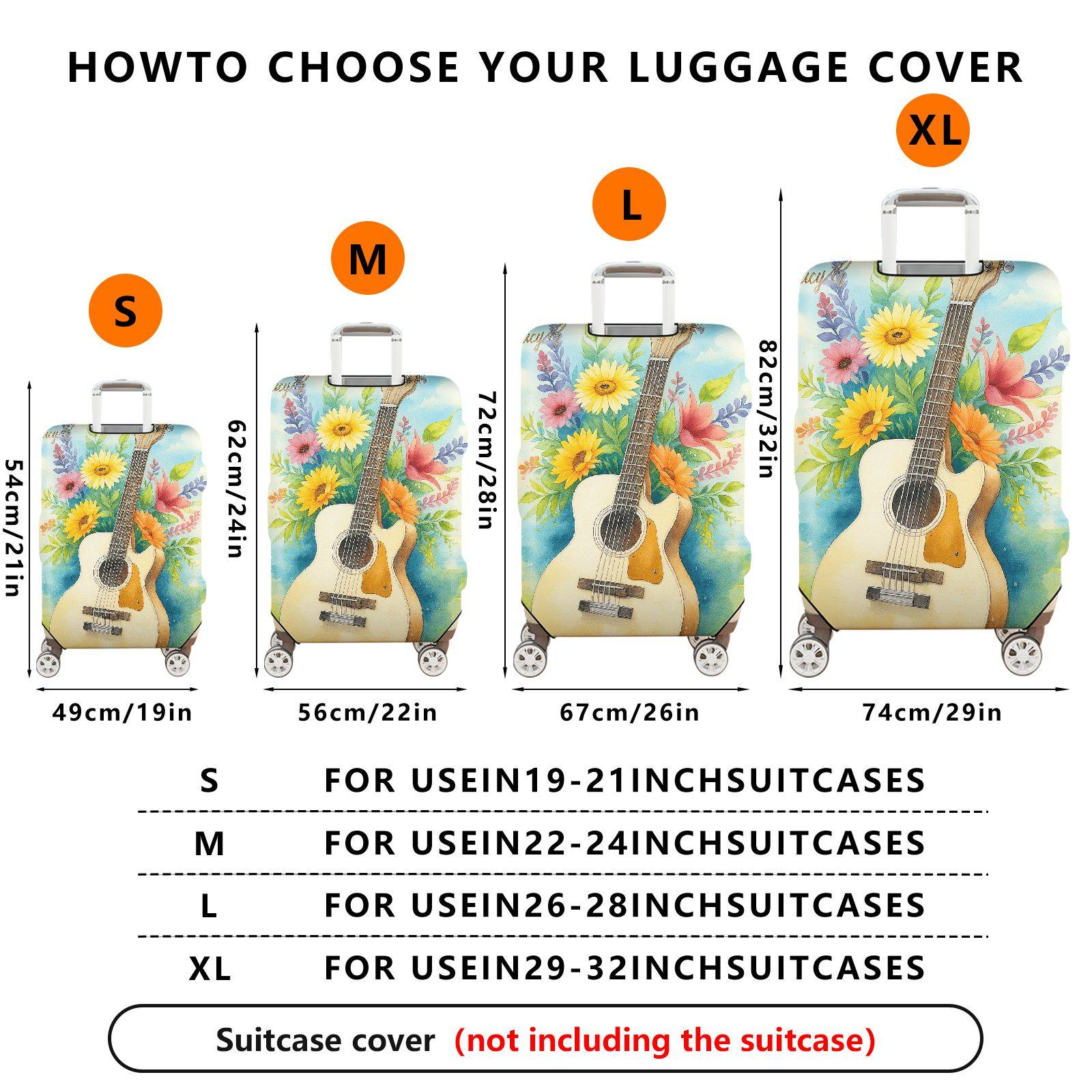 1-Piece Colorful Floral Guitar Artistic Musical Nature Travel  Suitcase Luggage Cover, Stretch Protective Sleeve
