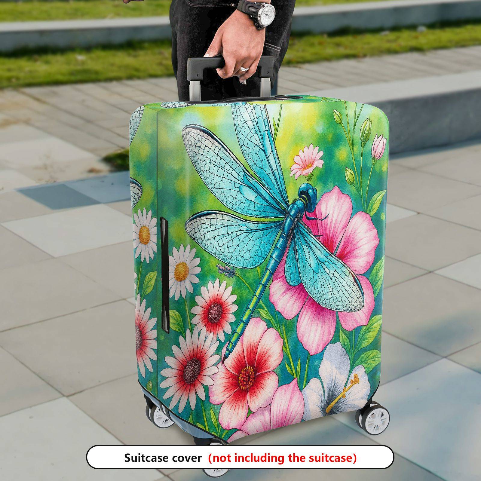 1-Piece Dragonfly Floral Colorful Artistic Nature  Suitcase Luggage Cover, Stretch Protective Sleeve