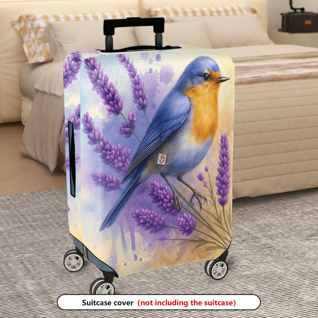 1-Piece Lavender Blue Bird Floral Watercolor Artistic  Suitcase Luggage Cover, Stretch Protective Sleeve