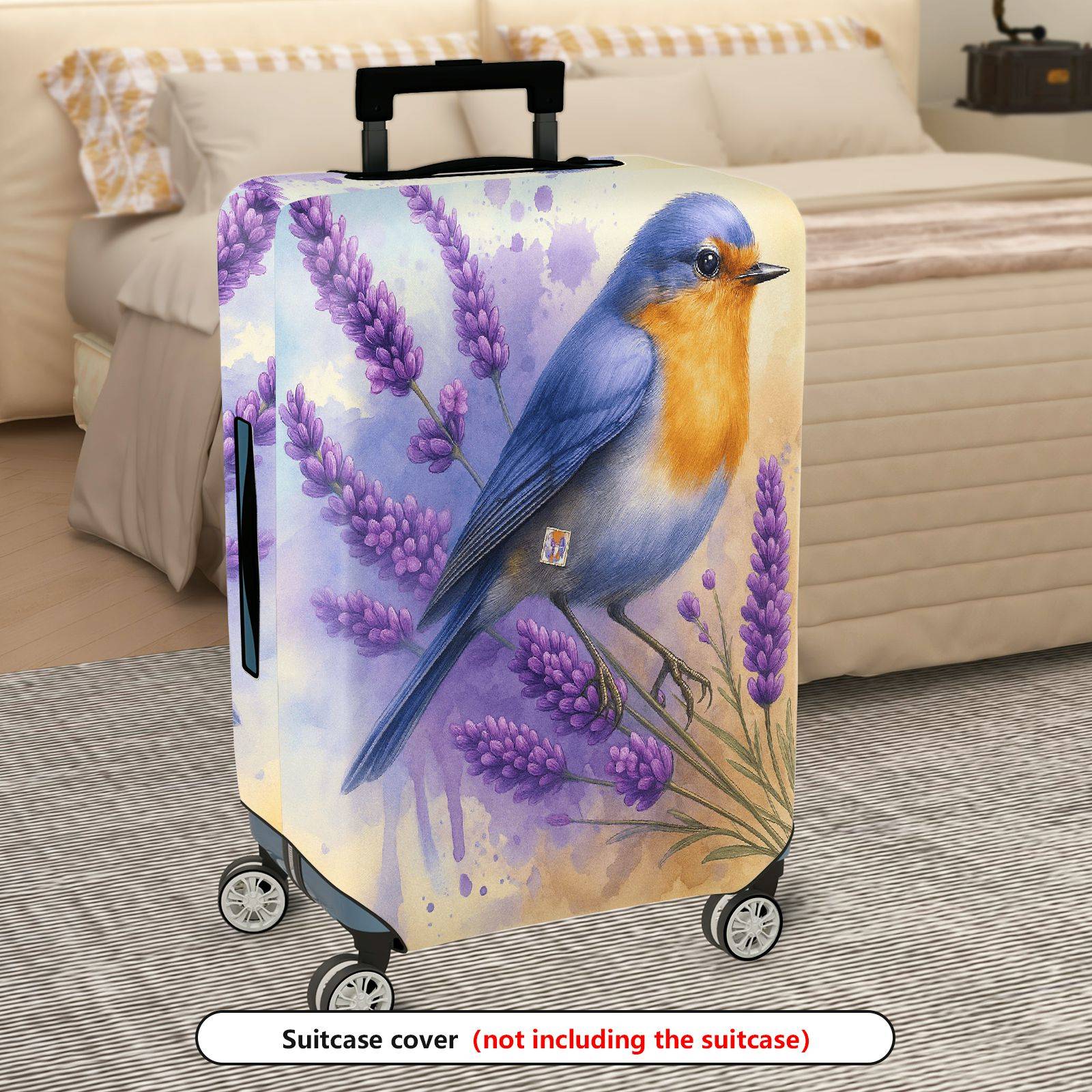 1-Piece Lavender Blue Bird Floral Watercolor Artistic  Suitcase Luggage Cover, Stretch Protective Sleeve