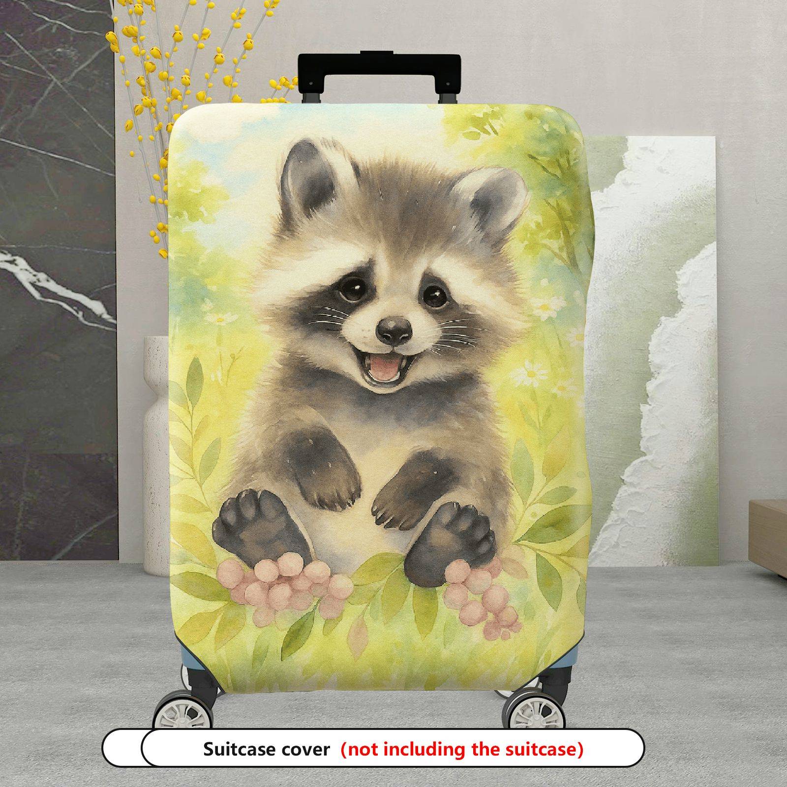 1-Piece Cute Raccoon Animal  Nature Green Flower  Suitcase Luggage Cover, Stretch Protective Sleeve