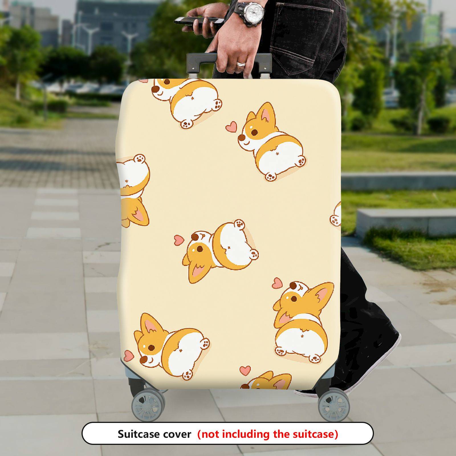 1-Piece Corgi Dog Heart Beige Travel Cute  Suitcase Luggage Cover, Stretch Protective Sleeve