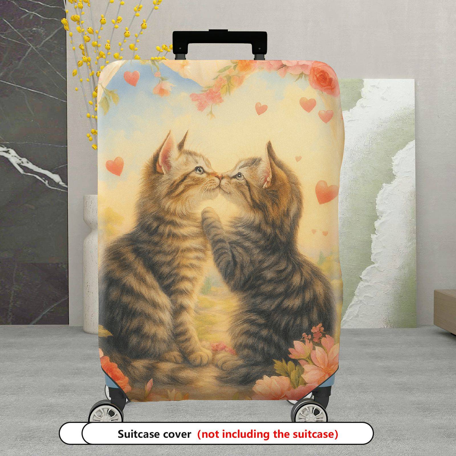 1-Piece Cute Romantic Floral Heart Cat  Suitcase Luggage Cover, Stretch Protective Sleeve
