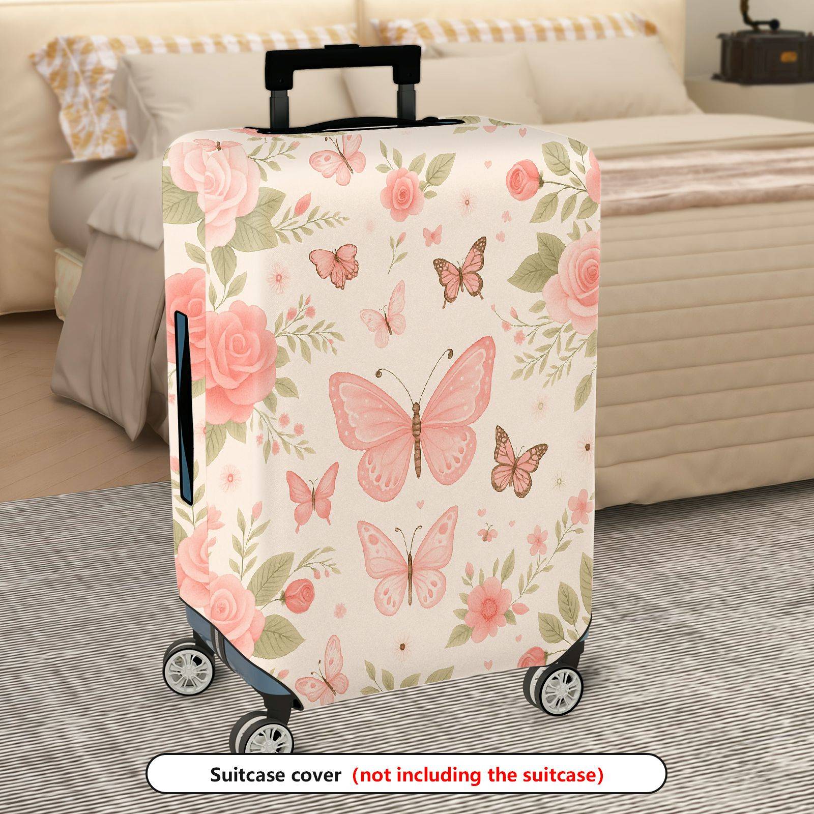 1-Piece Floral Butterfly Pink Rose Nature Art  Suitcase Luggage Cover, Stretch Protective Sleeve