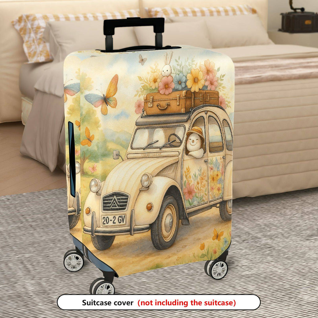 1-Piece Pastoral Flowers Vintage Car Animal  Suitcase Luggage Cover, Stretch Protective Sleeve