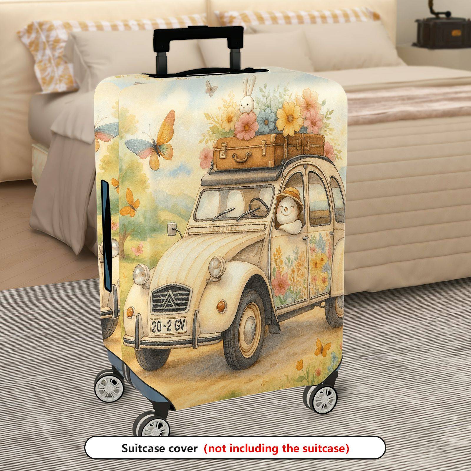 1-Piece Pastoral Flowers Vintage Car Animal  Suitcase Luggage Cover, Stretch Protective Sleeve