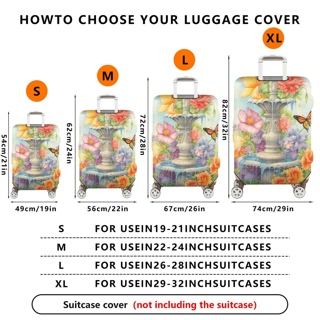 1-Piece Fountain Floral Butterfly Colorful Nature Art  Suitcase Luggage Cover, Stretch Protective Sleeve