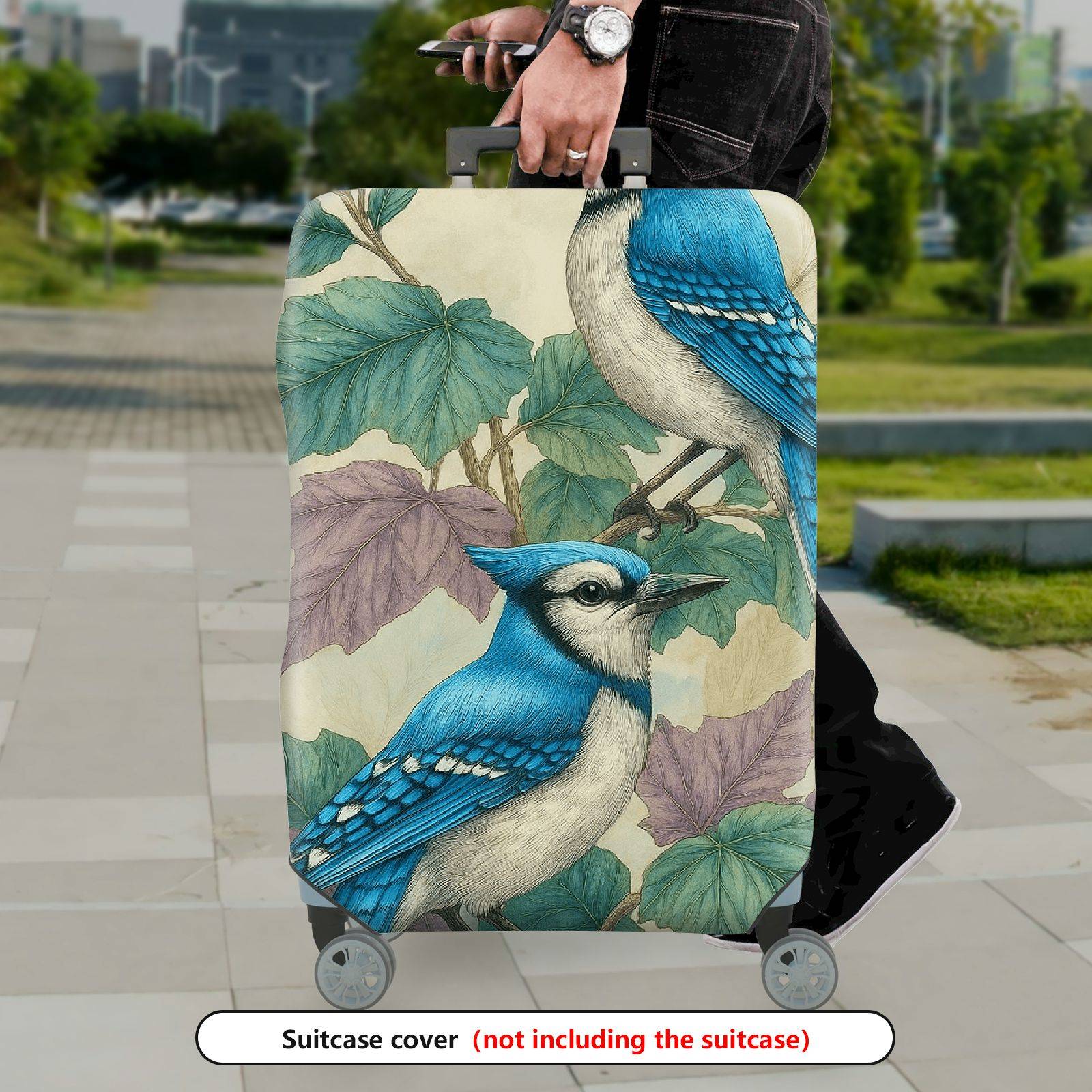 1-Piece Blue Bird Leaves Nature Vintage Art  Suitcase Luggage Cover, Stretch Protective Sleeve