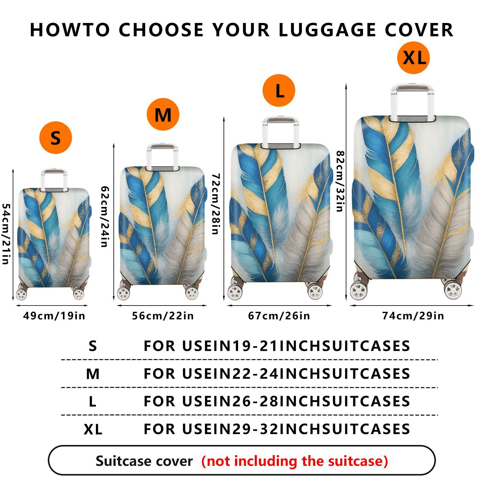 1-Piece Blue Beige Feather Golden Artistic Floral Abstract  Suitcase Luggage Cover, Stretch Protective Sleeve