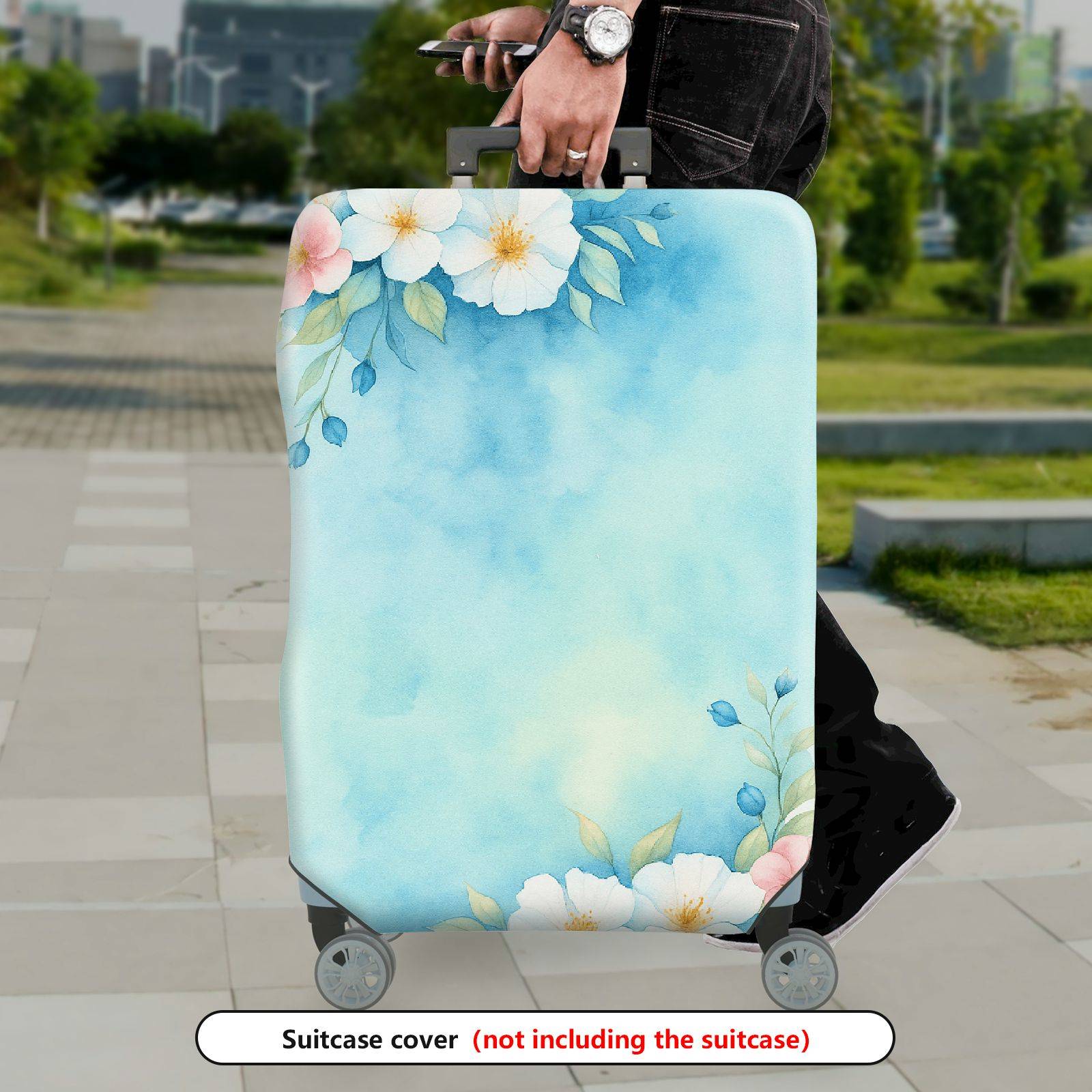 1-Piece Watercolor Floral Blue Pastel Artistic Luggage  Suitcase Luggage Cover, Stretch Protective Sleeve