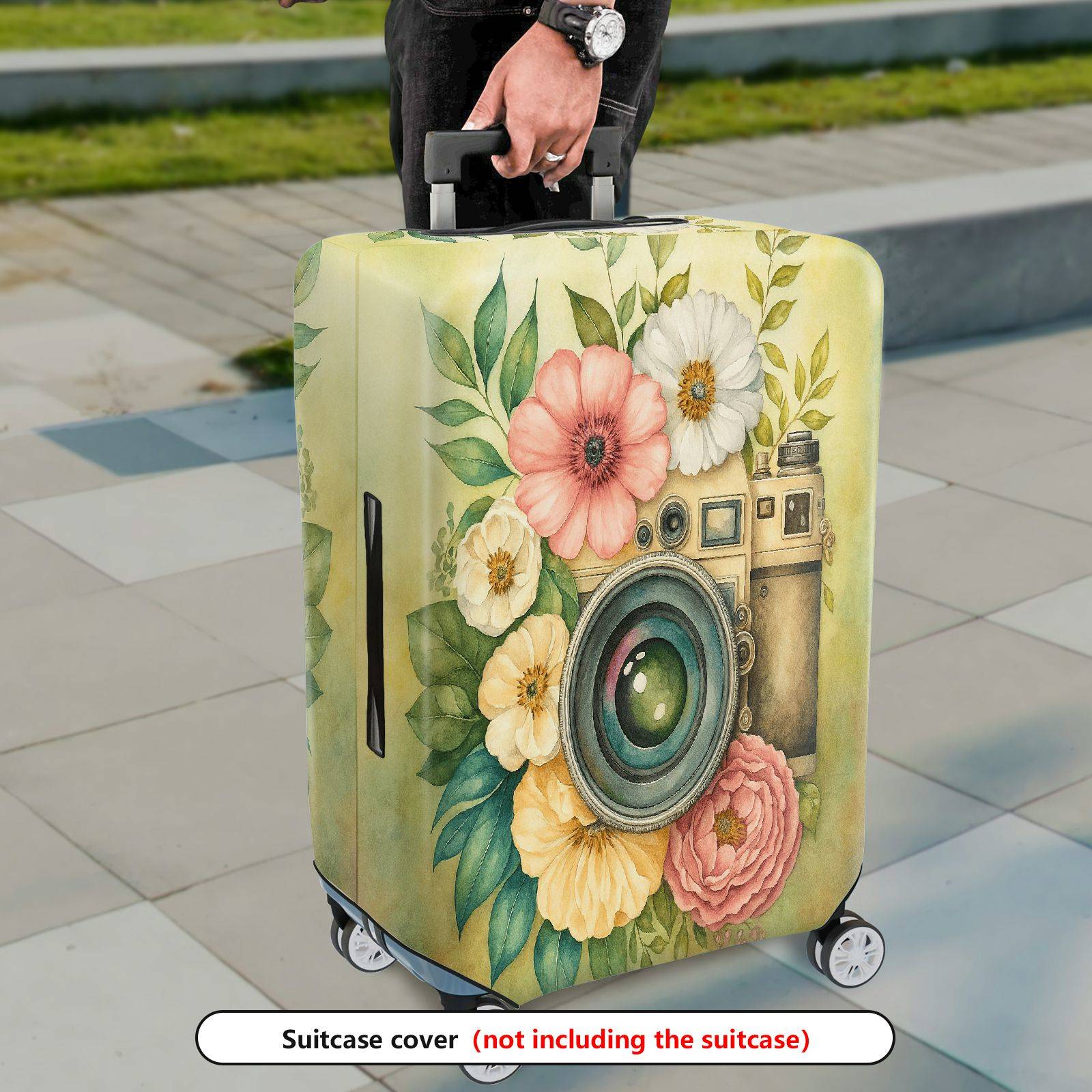 1-Piece Vintage Floral Camera Artistic Bloom Colorful  Suitcase Luggage Cover, Stretch Protective Sleeve