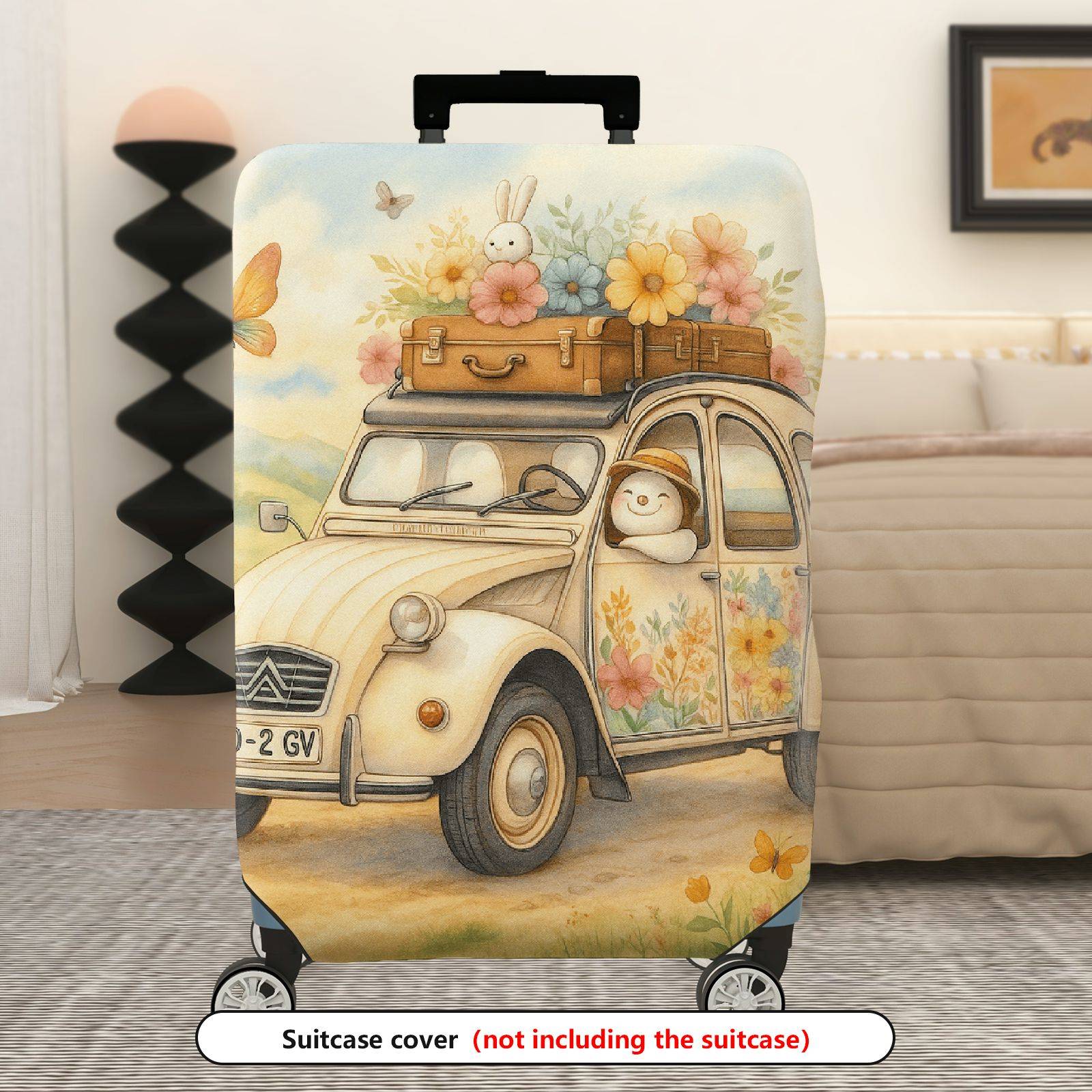 1-Piece Pastoral Flowers Vintage Car Animal  Suitcase Luggage Cover, Stretch Protective Sleeve