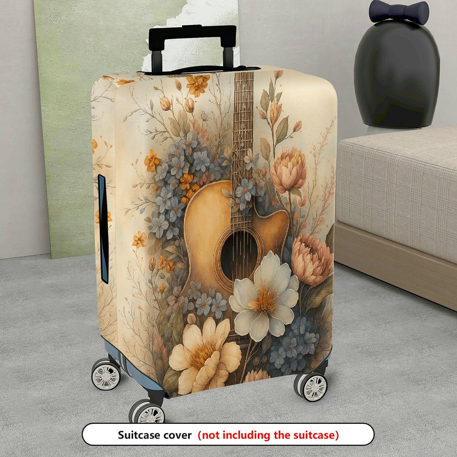 1-Piece Floral Guitar Artistic Vintage Retro Elegant  Suitcase Luggage Cover, Stretch Protective Sleeve