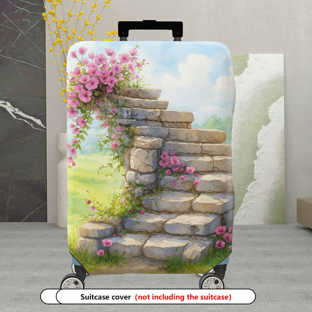 1-Piece Stair Stone Flower Pink Nature Scenery  Suitcase Luggage Cover, Stretch Protective Sleeve