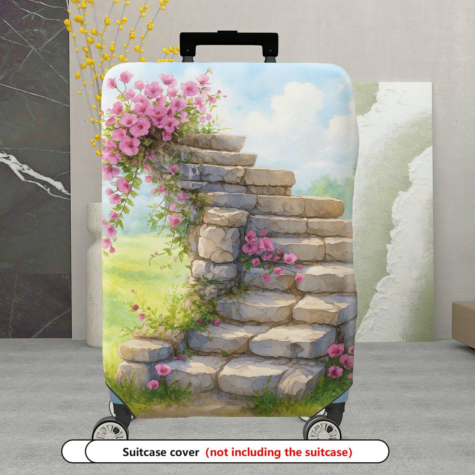 1-Piece Stair Stone Flower Pink Nature Scenery  Suitcase Luggage Cover, Stretch Protective Sleeve