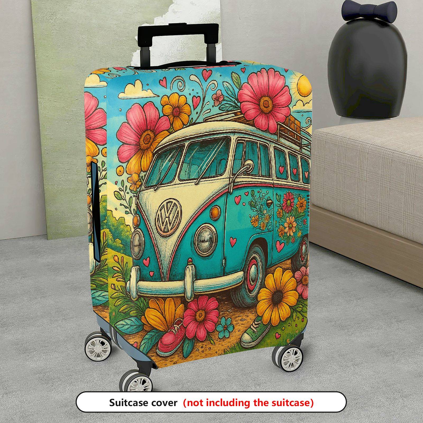 1-Piece Flower Bus Vintage Colorful Artistic Travel  Suitcase Luggage Cover, Stretch Protective Sleeve