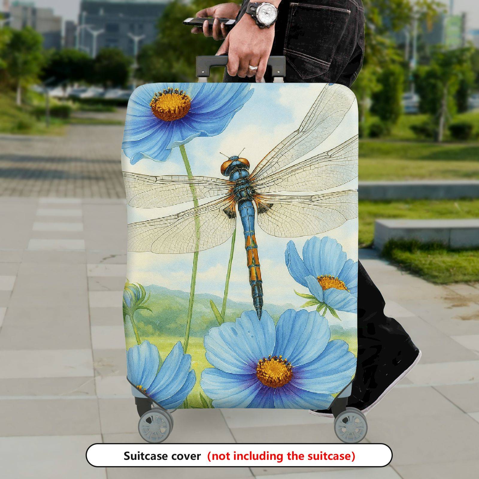 1-Piece Dragonfly Blue Flower Watercolor Nature Artistic  Suitcase Luggage Cover, Stretch Protective Sleeve