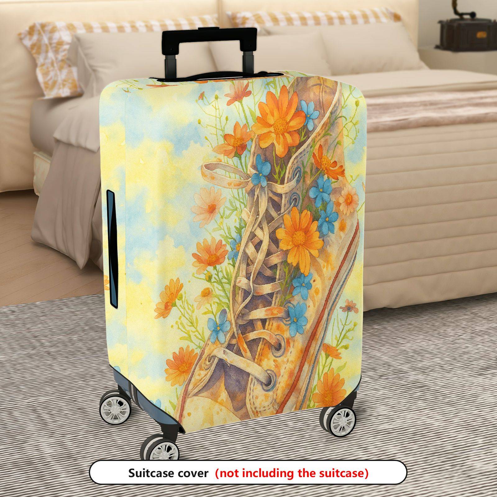 1-Piece Floral Shoe Blue Orange Yellow Artistic Vintage Creative  Suitcase Luggage Cover, Stretch Protective Sleeve