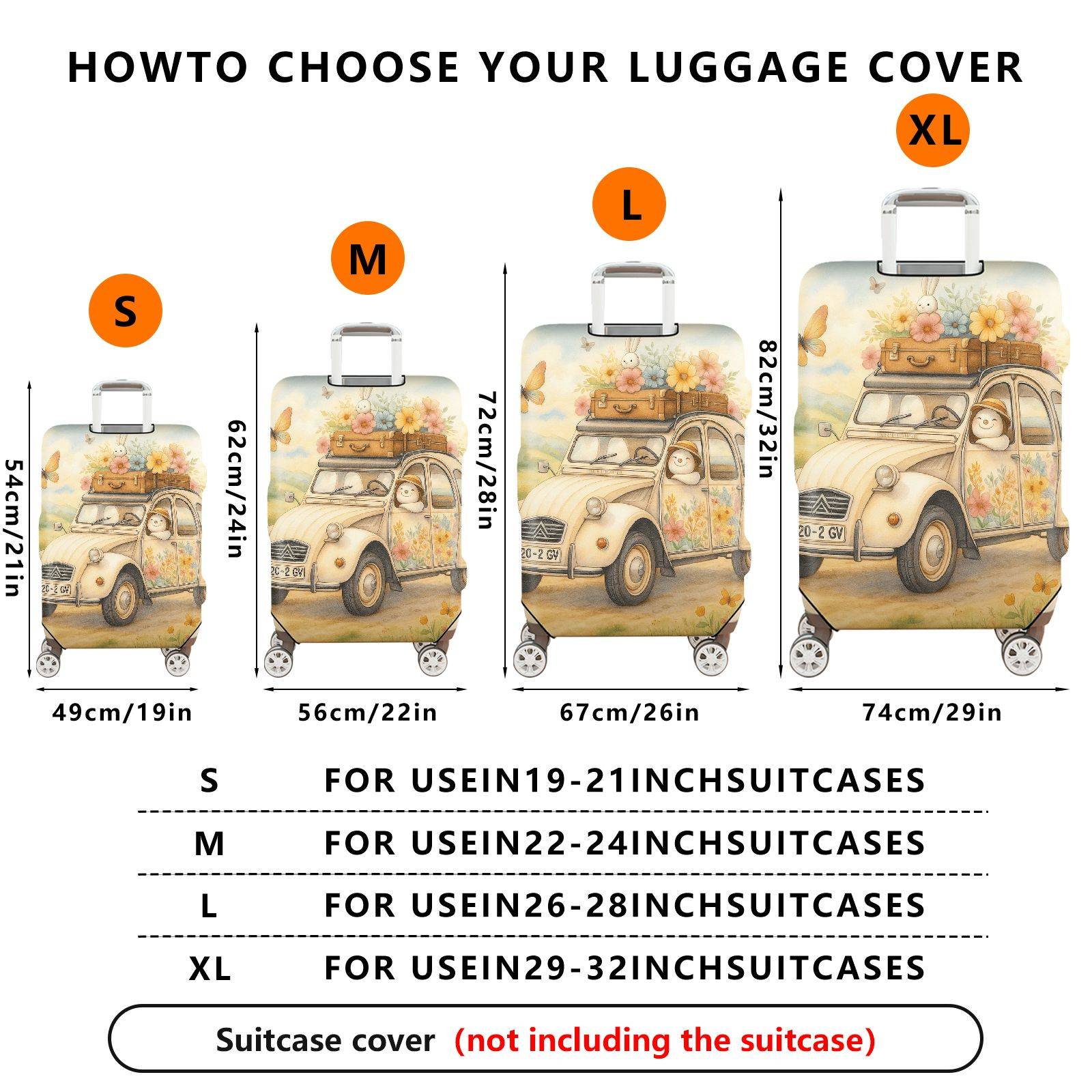 1-Piece Pastoral Flowers Vintage Car Animal  Suitcase Luggage Cover, Stretch Protective Sleeve